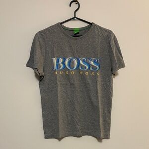 Hugo Boss Gray T-Shirt with Blue and Gold Accents